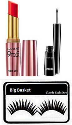

big Basket Eyelashas, Mac Liquide Eyeliner, Lekme 9 to 5 Lipstick(Set of 3)