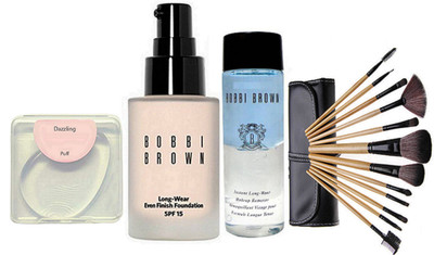 

Dazzling Silicon Puff & Bobbi Brown long wear foundation & Makeup Remover With Brush Set of 12(Set of 15)