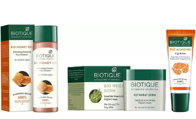 

BIOTIQUE BIO Honey Gel Refreshing Foaming Face Cleanser For All Skin Types, Bio Wheat Germ Night Cream, LIP CARE(Set of 3)