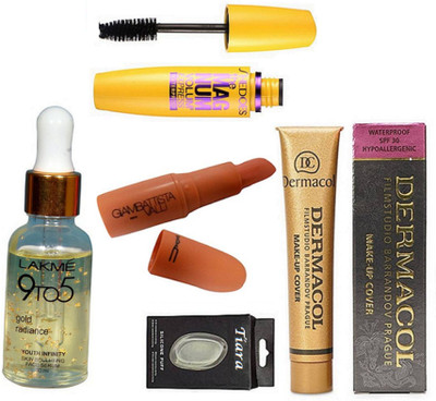 

tiara Silicon Puff, Make Up Cover Waterproof Hypoallergenic SPF 30 Foundation & Giambattista Angel Lipstick,Maybelliene New York The Magnum Mascara,Lakme 9to5 Gold Radiance Face Serum(Set of 5)
