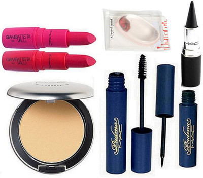 

pink palace Silicon puff Mac Studio Perfect Compact , Padma Eyeliner & Mascara,Giambattista Valli Lipstick Pack Of 2, Stick kajal(Set of 7)