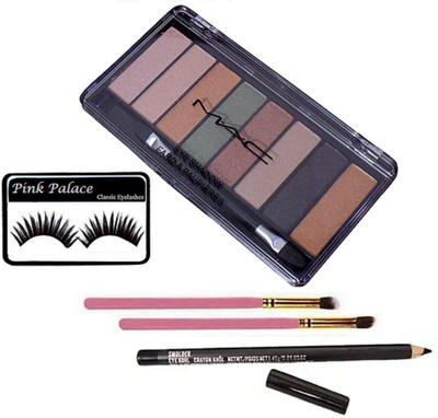 

pink palace Eyelashes,Mac 8 Shades Eyeshadow Palette , MAkeup Brush Pack of 2, Pencil kajal(Set of 5)