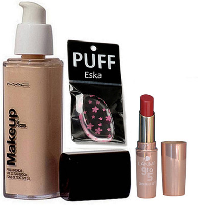

Eska Silicon Puff, Makeup Pro Longwear foundation,,Lakme 9to5 crease-less Lipstick(Set of 3)