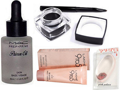 

pink palace Silicon Puff, Mac Fluidline Gel Eyeliner,Prep+Prime Primer Oil , Lakme Weight less Mouuse foundation(Set of 4)