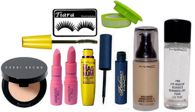 

tiara Eyelashes, Match Master Foundation,Makeup remover, Eyeliner, Lipstick Pack Of 2,Nail Paint Remover,The Magnum Mascara,Concealer(Set of 9)