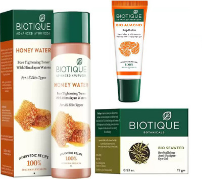 

BIOTIQUE BIO Honey Water Clarifying Toner, Bio Sea Weed Revitalizing Eye Gel, LIP CARE(Set of 3)