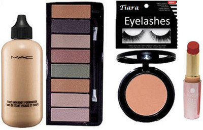 

tiara eyelashes, face and body foundation, 8 shade eyeshadow palette, star trik blusher, lipstick(Set of 5)