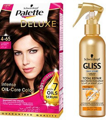 

Schwarzkopf Palette Deluxe Oil- Care Color Permanent 4-65 Dazzling Brown (115ml) with Heat protection spray(Set of 2)