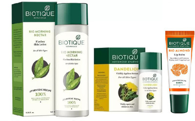 

BIOTIQUE BIO Morning Nectar Flawless Skin Lotion For All Skin Types, Bio Dandelion Ageless Lightening Serum , LIP CARE(Set of 3)