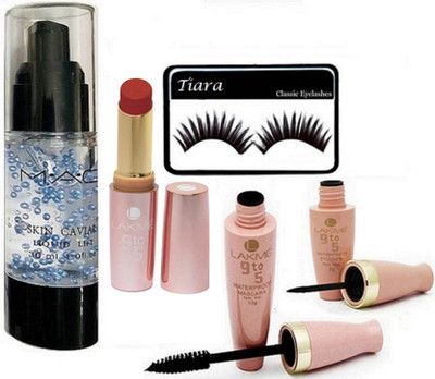 

tiara Eyelashes,Mac Skin Caviar Primer, Lakme 9to5 Lipstick,Eyeliner& Mascara(Set of 5)