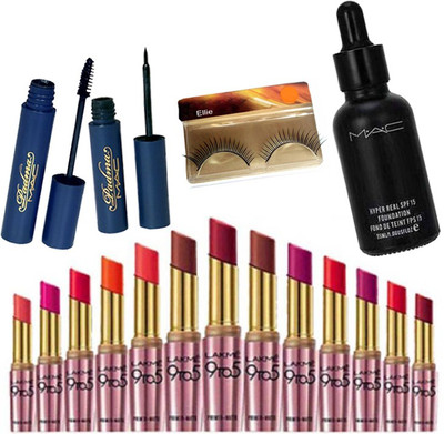 

ellie Eyelashes&Mac Padma Eyeliner&Maascara&Mac Hyper Real Foundation&Lakme 9To5 Primer Matte Lipstick (Pack Of 13)(Set of 17)