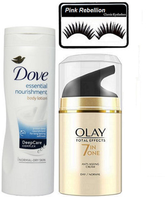 

Pink Rebellion Eyelashes & Olay Anti Ageing Day Cream & Dove Essential Nourishment Body Lotion(Set of 3)