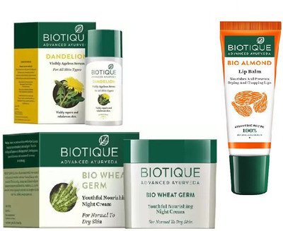 

BIOTIQUE BIO Dandelion Ageless Lightening Serum, Bio Wheat Germ Night Cream, LIP CARE(Set of 3)