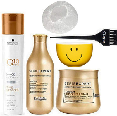 

tiara Hair Brush,Schwarzkoof BC Q10 Time Restore Shampoo , Serie expert Lipidium Absolut Lipidium Shampoo & Masque,Bowl, Shower cap(Set of 6)