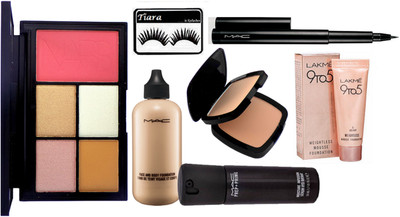 

tiara Eyelashes,Mac 4 shades Eye shadow+1 Shades Blusher Palette, Mac face & Body Foundation,infusion face serum,Lakme Weightless mousse,Pen Eyeliner,Studio fix Compact(Set of 7)