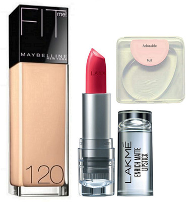 

Adorable silicone puff, maybelline new york fit me 120 foundation and lakme inrich lipstick(Set of 3)