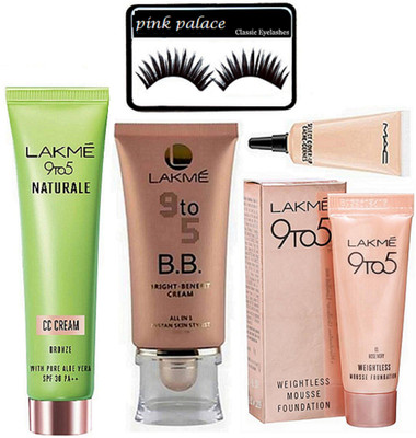 

pink palace Eyelashes,Mac Lakme 9to5 Naturale CC cream,B.B.Cream , Weightless Mousse Foundation, Mac Select Cover up Concealer(Set of 5)
