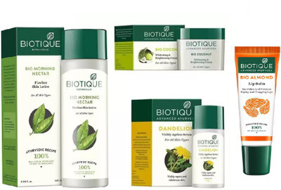 

BIOTIQUE BIO Morning Nectar Flawless Skin Lotion For All Skin Types, Bio Coconut Cream, Bio Dandelion Ageless Lightening Serum, LIP CARE(Set of 4)