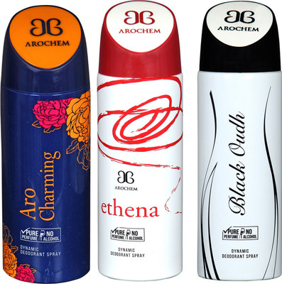 

arochem ARO CHARMING & ETHENA & BLACK OUDH DEODORANT SPRAY Body Spray - For Men & Women(600 ml, Pack of 3)
