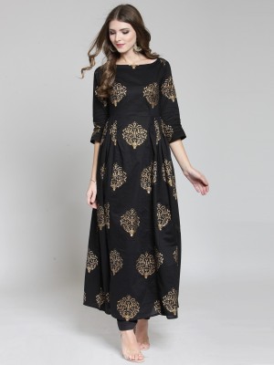 Sera Women Printed Flared Kurta(Gold, Black)