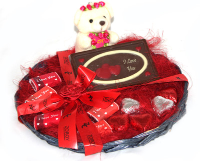 

Zoroy Luxury Chocolate Valentines day Basket - small teddy, I love you bar, mini bars and hearts Combo(50 g)