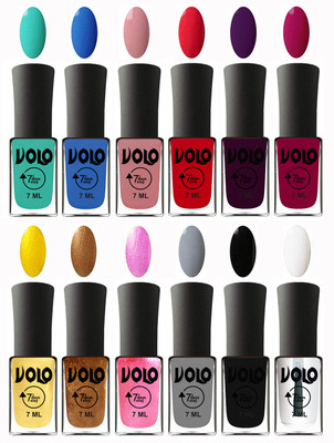 

Volo No Chipping-No Fading Longest Lasting Ever Nail Polish Set Fashion Green, Royal Blue, Peach Pink, Redish Orange, Dark Wine, Magnta, Metallic Light Golden, Metallic Dark Golden, Metallic Pink, Light Grey, Black, Top Coat(Pack of 12)