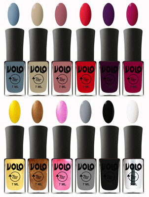 

Volo No Chipping-No Fading Longest Lasting Ever Nail Polish Set at Big Promotional Price Light Blue, Skin Nude, Chocolate Peach, Redish Orange, Dark Wine, Magnta, Metallic Light Golden, Metallic Dark Golden, Metallic Pink, Light Grey, Black, Top Coat(Pack