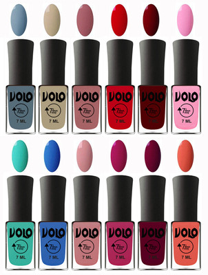 

Volo No Chipping-No Fading Longest Lasting Ever Nail Polish Set at Big Promotional Price Light Blue, Skin Nude, Chocolate Peach, Blood Red, Great Maroon, Baby Pink, Fashion Green, Royal Blue, Peach Pink, Magnta Fashion, Wine Maroon, Orange(Pack of 12)