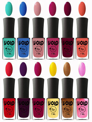 

Volo No Chipping-No Fading Longest Lasting Ever Nail Polish Set at Big Promotional Price Fashion Green, Royal Blue, Peach Pink, Magnta Fashion, Wine Maroon, Orange, Redish Orange, Dark Wine, Magnta, Metallic Light Golden, Metallic Dark Golden, Metallic Pi
