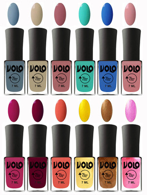 

Volo No Chipping-No Fading Longest Lasting Ever Nail Polish Set at Big Promotional Price Light Blue, Skin Nude, Chocolate Peach, Fashion Green, Royal Blue, Peach Pink, Magnta Fashion, Wine Maroon, Orange, Metallic Light Golden, Metallic Dark Golden, Metal