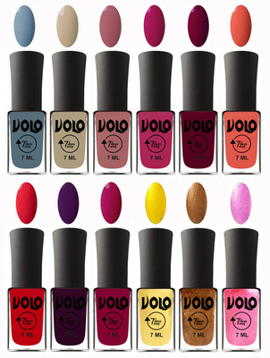 

Volo No Chipping-No Fading Longest Lasting Ever Nail Polish Set at Big Promotional Price Light Blue, Skin Nude, Chocolate Peach, Magnta Fashion, Wine Maroon, Orange, Redish Orange, Dark Wine, Magnta, Metallic Light Golden, Metallic Dark Golden, Metallic P