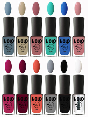 

Volo No Chipping-No Fading Longest Lasting Ever Nail Polish Set Light Blue, Skin Nude, Chocolate Peach, Fashion Green, Royal Blue, Peach Pink, Magnta Fashion, Wine Maroon, Orange, Light Grey, Black, Top Coat(Pack of 12)