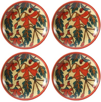 caffeine Ceramic Handmade Orange Flora 10 inch Dinner Plate(Pack of 4, Microwave Safe)