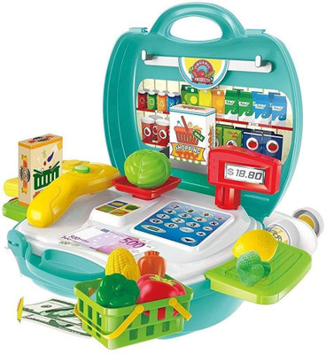 

Skywalk 23 Pcs Pretend Play Super Market Organic Product Portable Suitcase Kitchen Playset Toy for Kids, Organic Product with Cash Register Role Play Toy Set for Kids