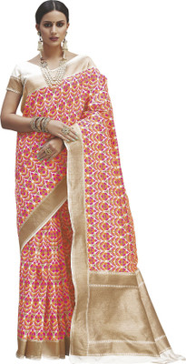 Ratnavati Floral Print Banarasi Silk Blend Saree(Cream)