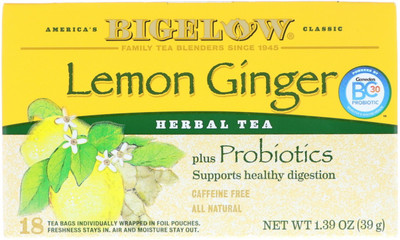 

Bigelow Herb Plus Probiotics Lemon Ginger Caffeine Free 18 Tea Bags 1.39 oz (39 g) Lemon, Ginger Herbal Tea Bags(39 g, Box)