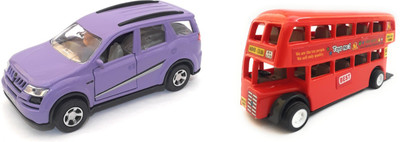 

The Game Begins Combo Toys of Mahindra XUV 500 Car and Double Decker Bus (Small Size) | Pull back and go | Purple,Red - Pack of 2 Toys(Purple, Red)