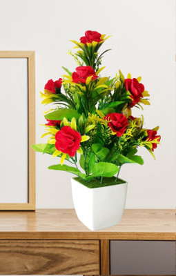 Litleo Awesome for Home Or Office decoration or Party Show Off Red Rose Artificial Flower  with Pot(12 inch, Pack of 1, Flower Bunch)