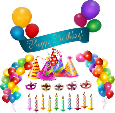 

De Marquis Combo of Happy Birthday Decoration Kit, 1 Happy Birthday Banner, 5 Piece Birthday Cap, 5 Piece Eye Mask, 30 Multicolor Balloons, 10 Birthday Candles