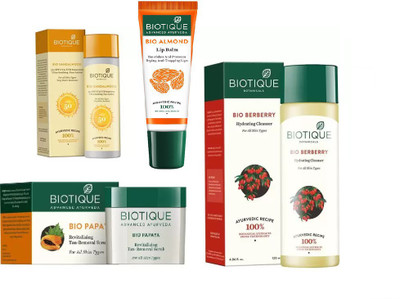 

BIOTIQUE BIO Sandalwood 50+ Spf Sunscreen Ultra Soothing Face Lotion, Bio Papaya Revitalizing Tan Removal Scrub, Bio Berberry Hydrating Cleanser , LIP BALM(Set of 4)