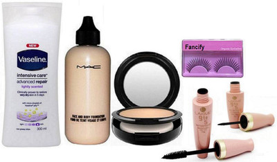 

Fancify Combo Eyelashes&Vaseline Intensive Care Advanced Repair Body lotion With Mac Face & Body Foundation,Studio fix Compact,Lakme 9 to 5 Waterproof Eyeliner & Mascara(set of 6).(Set of 6)