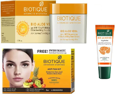 

BIOTIQUE BIO Aloe Vera 30+ Spf Sunscreen Cream, Bio Anti Tan Facial Kit, LIP CARE(Set of 3)