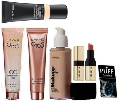 

caroline Silicon Puff & makeup Nourishing foundation, Weightless Mousse Foundation, C C Cream,Pro Long Wear Foundation, Bobbi Brown New Shade Lipstick(Set of 6)