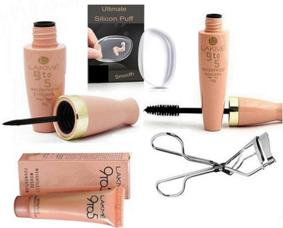 

Ultimate Silicon puff & Lakme 9to5 Eyeliner And Mascara, Mousse Foundation & Eyelashes Curler(Set of 5)