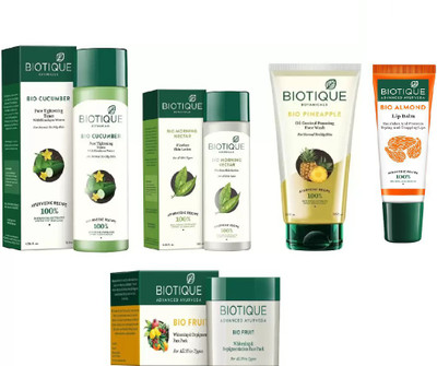 

BIOTIQUE BIO Cucumber Pore Tightening Toner, Bio Morning Nectar Flawless Skin Lotion, Bio Pineapple Oil Control Foaming Face Wash, Bio Fruit Face Pack, LIP CARE(Set of 5)