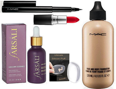 

Ultimate Silicon Puff With Face And Body Foundation &Pen Eyeliner,Matte Finish Lipstick, Unicorn Essence Face Serum(Set of 5)