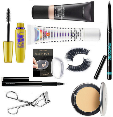 

Ultimate Silicon Puff With Mac Pro longwear Foundation & Lightfull Tinted Cream SPF 30,Pen Eyeliner,Compact,The Magnum Volume Express Mascara,Eyeconic Kajal,Eyelashes,Eyelashes Curler(Set of 9)