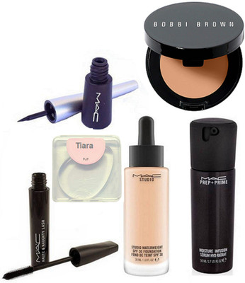 

tiara Silicon Puff , Mac studio water weight spf 30 foundation , mac prep +prime moisture infusion face serum and mac haute & naughty mascara and liquid eyeliner , Bobbi Brown Concealer(Set of 6)