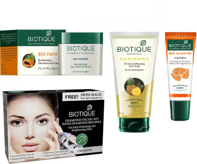 

BIOTIQUE BIO Papaya Revitalizing Tan Removal Scrub, Bio Diamond Facial Kit, Bio Pineapple Oil Control Foaming Face wash, LIP CARE(Set of 4)