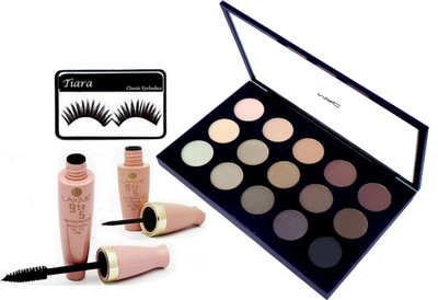 

tiara Eyelashes , Lakme Eyeliner&Mascara , Mac 15 Shades Eye shadow Palette(Set of 4)